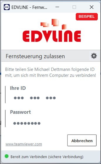 Das TeamViewer-Fenster von EDVLINE mit ID und Passwort.